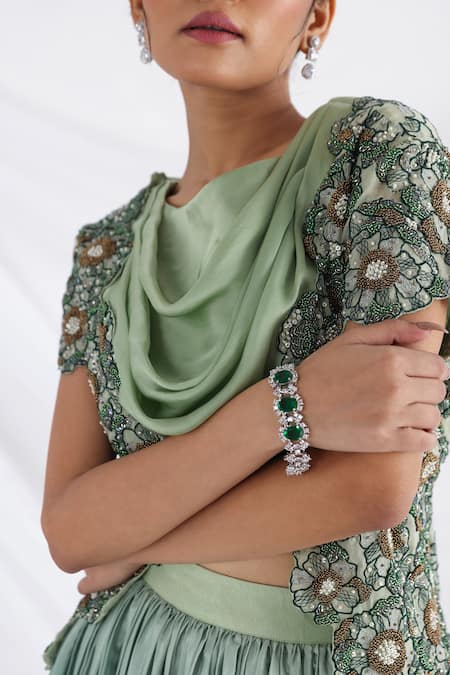 Smriti By Anju Agarwal_Green Silk, Modal, Organza, Taffeta Embroidery Cowl Lucia Jacket Lehenga Set _Online_at_Aza_Fashions