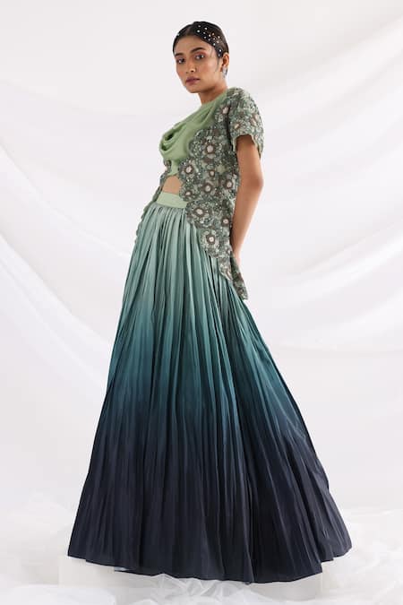 Buy_Smriti By Anju Agarwal_Green Silk, Modal, Organza, Taffeta Embroidery Cowl Lucia Jacket Lehenga Set _Online_at_Aza_Fashions