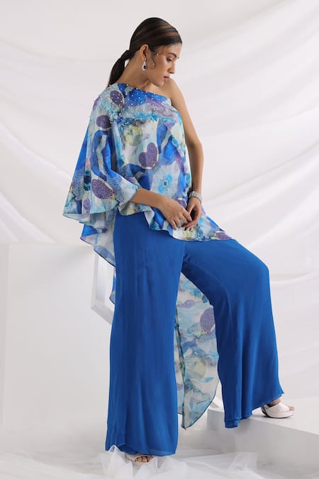 Smriti By Anju Agarwal_Blue Crepe, Chiffon One Light Between The Ocean Abstract Pattern Top And Pant Set _Online_at_Aza_Fashions