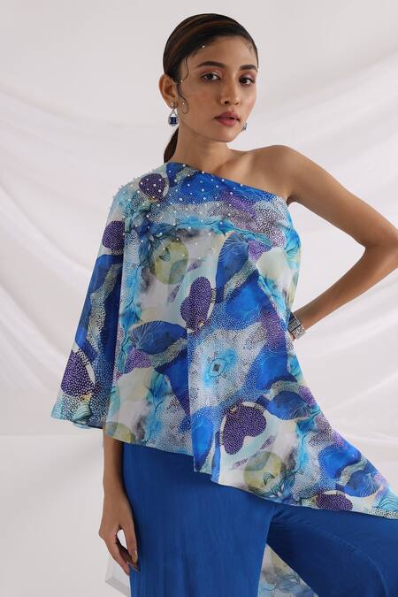 Buy_Smriti By Anju Agarwal_Blue Crepe, Chiffon One Light Between The Ocean Abstract Pattern Top And Pant Set _Online_at_Aza_Fashions