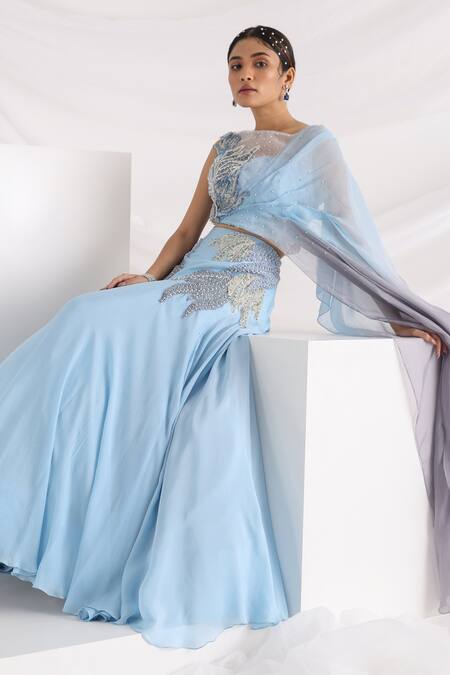 Smriti By Anju Agarwal_Blue Chiffon, Silk, Organza, Crepe, Dew Of The Sea Lehenga And Draped Blouse Set _Online_at_Aza_Fashions
