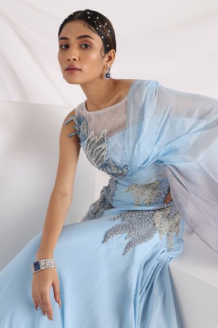 Buy_Smriti By Anju Agarwal_Blue Chiffon, Silk, Organza, Crepe, Dew Of The Sea Lehenga And Draped Blouse Set _Online_at_Aza_Fashions