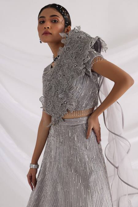 Smriti By Anju Agarwal_Grey Chiffon, Taffeta, Organza Astrid Reflection Embroidered Lehenga Set _Online_at_Aza_Fashions