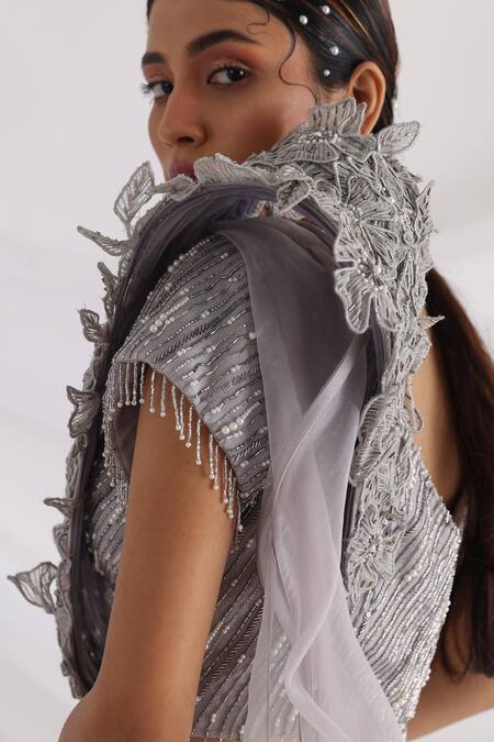 Buy_Smriti By Anju Agarwal_Grey Chiffon, Taffeta, Organza Astrid Reflection Embroidered Lehenga Set _Online_at_Aza_Fashions
