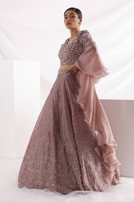 Smriti By Anju Agarwal_Pink Satin, Organza, Taffeta, Cotton Beads Revival Embroidered Lehenga Set _Online_at_Aza_Fashions