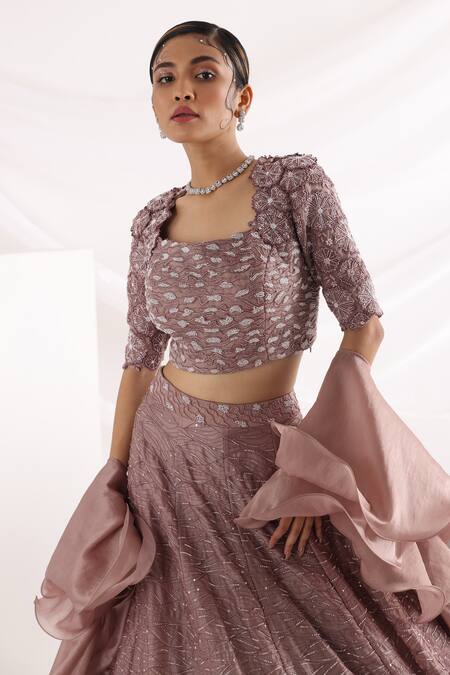Buy_Smriti By Anju Agarwal_Pink Satin, Organza, Taffeta, Cotton Beads Revival Embroidered Lehenga Set _Online_at_Aza_Fashions
