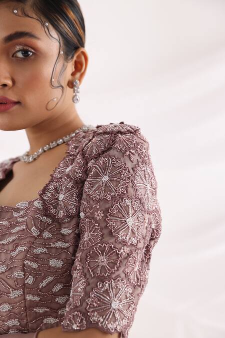 Shop_Smriti By Anju Agarwal_Pink Satin, Organza, Taffeta, Cotton Beads Revival Embroidered Lehenga Set _Online_at_Aza_Fashions