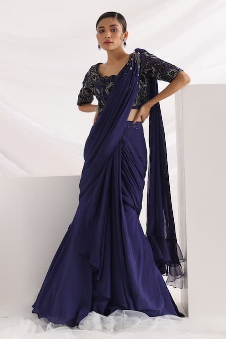 Smriti By Anju Agarwal_Blue Organza, Crepe, Chiffon Cut Work, Ultramarine Pre-draped Saree With Blouse _Online_at_Aza_Fashions