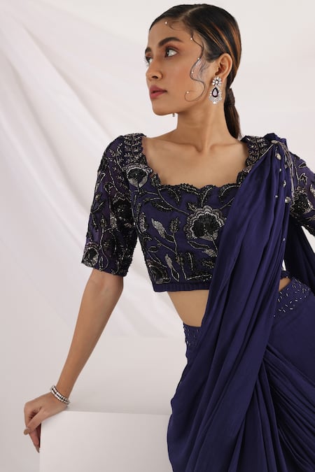 Buy_Smriti By Anju Agarwal_Blue Organza, Crepe, Chiffon Cut Work, Ultramarine Pre-draped Saree With Blouse _Online_at_Aza_Fashions