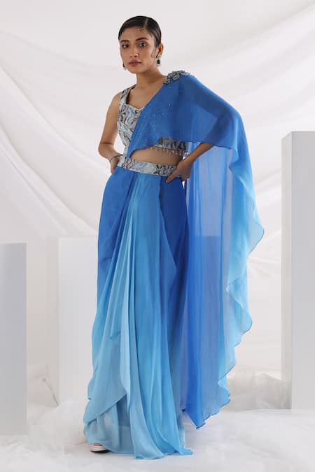 Smriti By Anju Agarwal_Blue Organza, Crepe, Chiffon Beads Ombre Pre-draped Saree And Embroidered Blouse _Online_at_Aza_Fashions