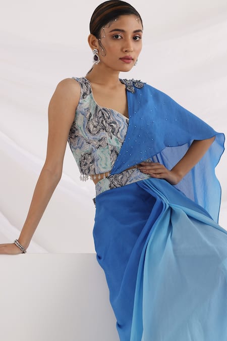 Buy_Smriti By Anju Agarwal_Blue Organza, Crepe, Chiffon Beads Ombre Pre-draped Saree And Embroidered Blouse _Online_at_Aza_Fashions