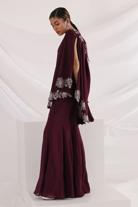 Smriti By Anju Agarwal_Purple Chiffon, Taffeta Embroidery One Shoulder Tunic And Sharara Set _Online_at_Aza_Fashions