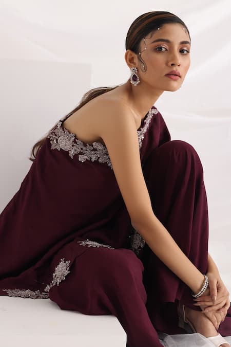 Buy_Smriti By Anju Agarwal_Purple Chiffon, Taffeta Embroidery One Shoulder Tunic And Sharara Set _Online_at_Aza_Fashions
