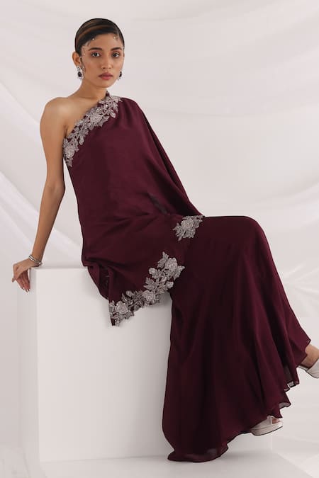Shop_Smriti By Anju Agarwal_Purple Chiffon, Taffeta Embroidery One Shoulder Tunic And Sharara Set _Online_at_Aza_Fashions