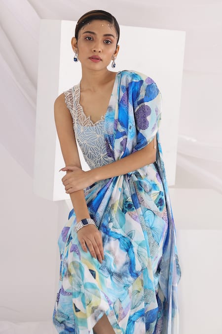 Buy_Smriti By Anju Agarwal_Blue Silk, Chiffon, Taffeta Beads, Wind And Wave Pre-draped Saree With Blouse _Online_at_Aza_Fashions