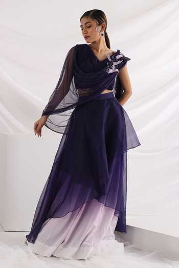 Smriti By Anju Agarwal_Purple Chiffon, Crepe, Organza Embroidery Celosia Lehenga And Draped Blouse Set _Online_at_Aza_Fashions