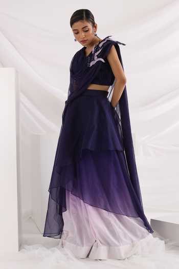 Buy_Smriti By Anju Agarwal_Purple Chiffon, Crepe, Organza Embroidery Celosia Lehenga And Draped Blouse Set _Online_at_Aza_Fashions
