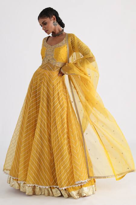 Smriti By Anju Agarwal_Yellow Bamboo, Organza, Crepe, Zubha Bodice Embroidered Anarkali Lehenga Set _Online_at_Aza_Fashions