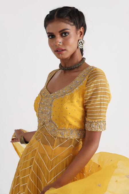 Buy_Smriti By Anju Agarwal_Yellow Bamboo, Organza, Crepe, Zubha Bodice Embroidered Anarkali Lehenga Set _Online_at_Aza_Fashions