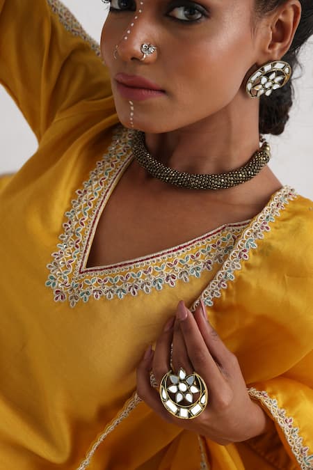 Buy_Smriti By Anju Agarwal_Yellow Chanderi, Crepe, Muslin, Satin, Organza Zibaa Kurta Sharara Set _Online_at_Aza_Fashions
