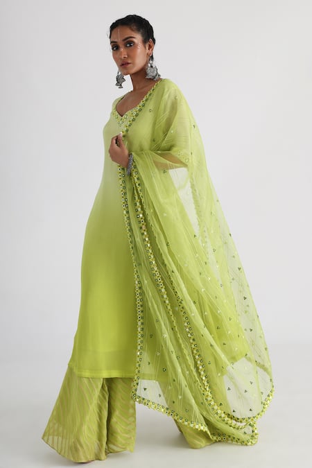 Smriti By Anju Agarwal_Green Chiffon, Taffeta, Viscose, Organza Mirrors, Farah Ombre Kurta Sharara Set _Online_at_Aza_Fashions