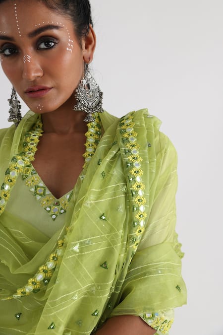 Buy_Smriti By Anju Agarwal_Green Chiffon, Taffeta, Viscose, Organza Mirrors, Farah Ombre Kurta Sharara Set _Online_at_Aza_Fashions