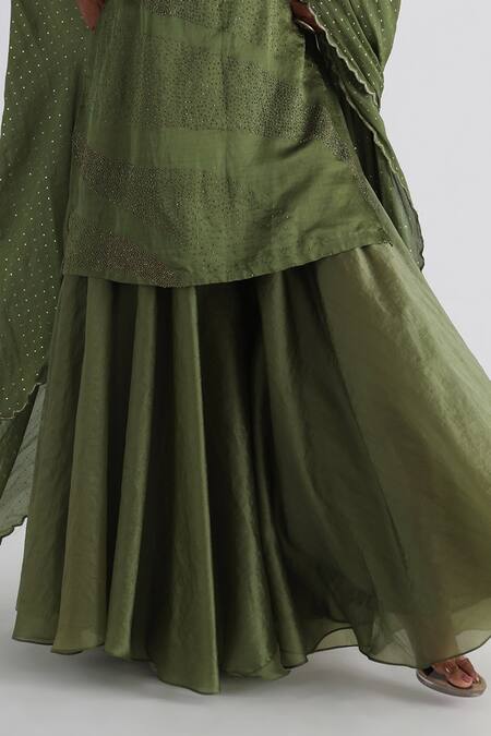 Smriti By Anju Agarwal_Green Linen, Satin, Organza, Muslin Beads Embroidered Kurta Flared Sharara Set _Online_at_Aza_Fashions