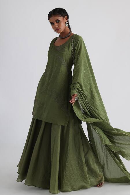 Buy_Smriti By Anju Agarwal_Green Linen, Satin, Organza, Muslin Beads Embroidered Kurta Flared Sharara Set _Online_at_Aza_Fashions