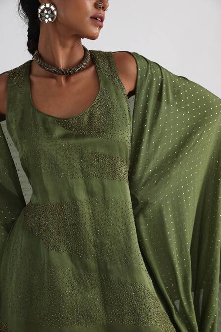 Shop_Smriti By Anju Agarwal_Green Linen, Satin, Organza, Muslin Beads Embroidered Kurta Flared Sharara Set _Online_at_Aza_Fashions