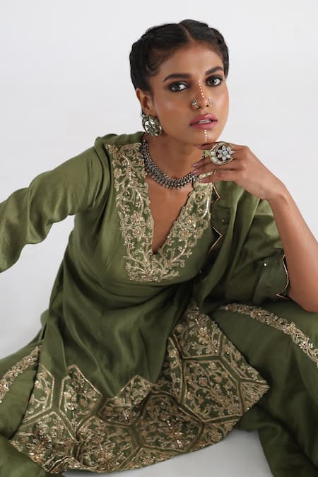 Buy_Smriti By Anju Agarwal_Green Chanderi, Satin, Taffeta, Organza Tassels, Floral Jaal Kurta Sharara Set _Online_at_Aza_Fashions