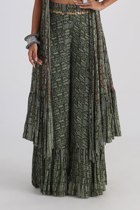 Smriti By Anju Agarwal_Green Linen, Viscose, Taffeta Embroidery, Printed Cape And Tiered Flared Pant Set _Online_at_Aza_Fashions