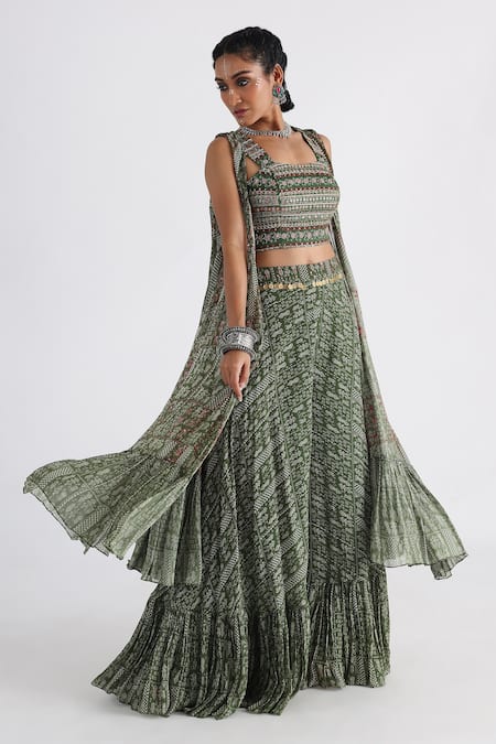 Buy_Smriti By Anju Agarwal_Green Linen, Viscose, Taffeta Embroidery, Printed Cape And Tiered Flared Pant Set _Online_at_Aza_Fashions