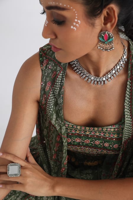 Shop_Smriti By Anju Agarwal_Green Linen, Viscose, Taffeta Embroidery, Printed Cape And Tiered Flared Pant Set _Online_at_Aza_Fashions