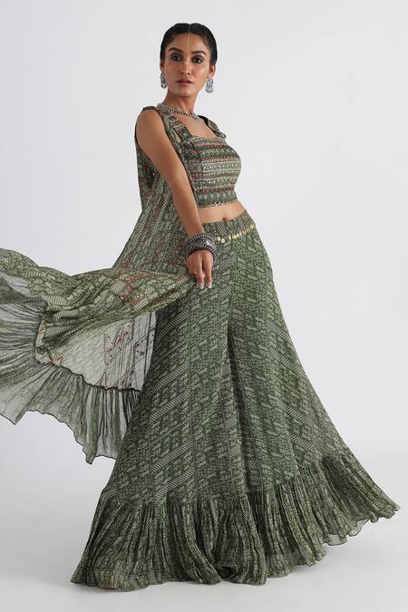 Smriti By Anju Agarwal_Green Linen, Viscose, Taffeta Embroidery, Printed Cape And Tiered Flared Pant Set _at_Aza_Fashions