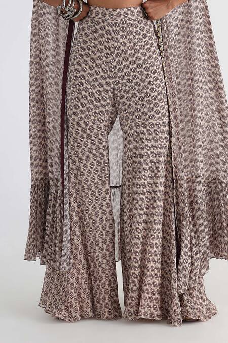 Smriti By Anju Agarwal_Off White Bamboo, Silk, Viscose, Floral Print Cape And Tiered Flared Pant Set _Online_at_Aza_Fashions