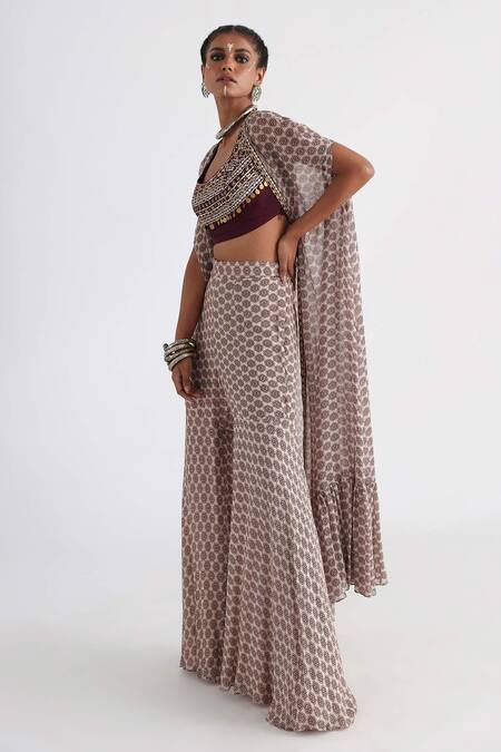 Buy_Smriti By Anju Agarwal_Off White Bamboo, Silk, Viscose, Floral Print Cape And Tiered Flared Pant Set _Online_at_Aza_Fashions