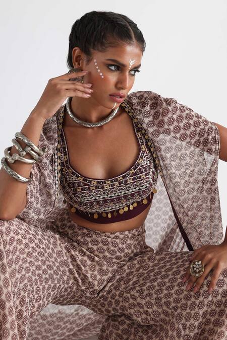 Shop_Smriti By Anju Agarwal_Off White Bamboo, Silk, Viscose, Floral Print Cape And Tiered Flared Pant Set _Online_at_Aza_Fashions