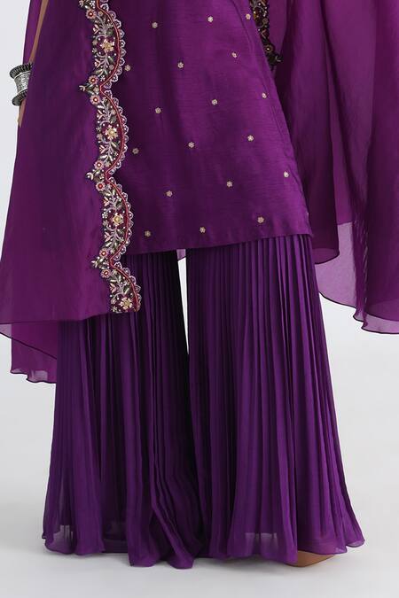 Smriti By Anju Agarwal_Purple Bamboo, Taffeta, Satin, Chiffon Rania Sharara Set With Scalloped Cape _Online_at_Aza_Fashions