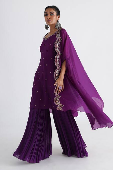 Buy_Smriti By Anju Agarwal_Purple Bamboo, Taffeta, Satin, Chiffon Rania Sharara Set With Scalloped Cape _Online_at_Aza_Fashions