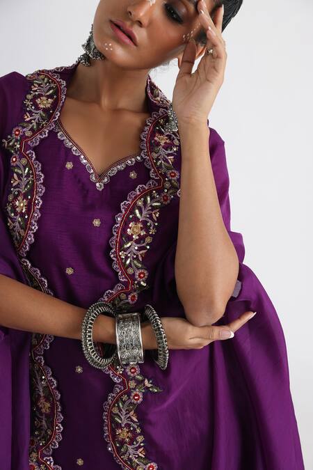 Shop_Smriti By Anju Agarwal_Purple Bamboo, Taffeta, Satin, Chiffon Rania Sharara Set With Scalloped Cape _Online_at_Aza_Fashions