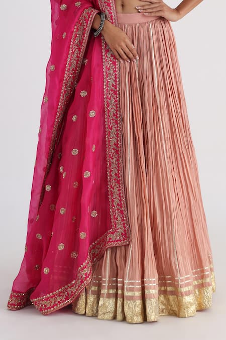 Smriti By Anju Agarwal_Pink Bamboo, Tissue Sequins, Zari, Gota Embellished Pleated Lehenga Set _Online_at_Aza_Fashions