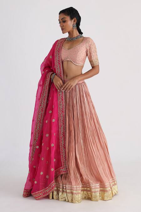 Buy_Smriti By Anju Agarwal_Pink Bamboo, Tissue Sequins, Zari, Gota Embellished Pleated Lehenga Set _Online_at_Aza_Fashions