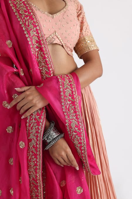 Shop_Smriti By Anju Agarwal_Pink Bamboo, Tissue Sequins, Zari, Gota Embellished Pleated Lehenga Set _Online_at_Aza_Fashions