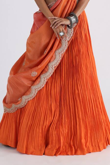 Smriti By Anju Agarwal_Orange Bamboo, Taffeta, Organza, Net, Tissue Pleated Lehenga Blouse Set _Online_at_Aza_Fashions