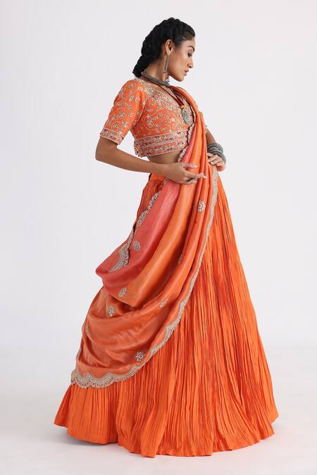 Buy_Smriti By Anju Agarwal_Orange Bamboo, Taffeta, Organza, Net, Tissue Pleated Lehenga Blouse Set _Online_at_Aza_Fashions
