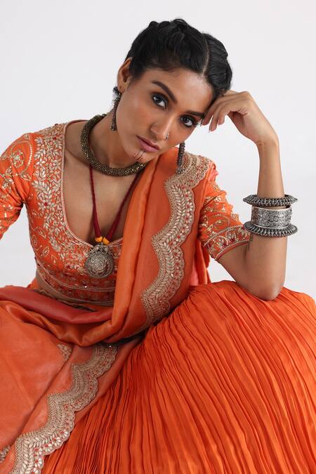 Shop_Smriti By Anju Agarwal_Orange Bamboo, Taffeta, Organza, Net, Tissue Pleated Lehenga Blouse Set _Online_at_Aza_Fashions