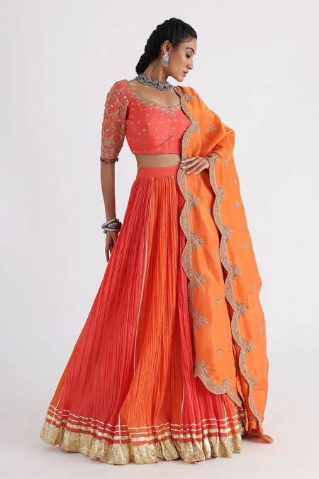 Smriti By Anju Agarwal_Orange Crepe, Silk, Bamboo Sequins, Cut Kesariya Pleated Lehenga Blouse Set _Online_at_Aza_Fashions