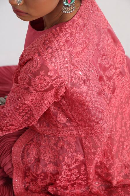 Smriti By Anju Agarwal_Pink Satin, Organza, Crepe, Cotton Sequins, Floral Jacket Lehenga Set _Online_at_Aza_Fashions