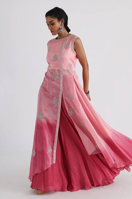 Smriti By Anju Agarwal_Pink Satin, Organza, Crepe, Net, Taffeta, Fiza Embroidered Kurta And Sharara Set _Online_at_Aza_Fashions