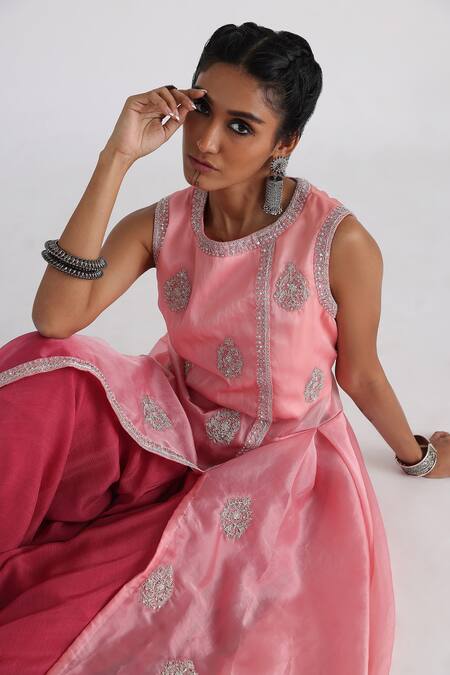 Buy_Smriti By Anju Agarwal_Pink Satin, Organza, Crepe, Net, Taffeta, Fiza Embroidered Kurta And Sharara Set _Online_at_Aza_Fashions